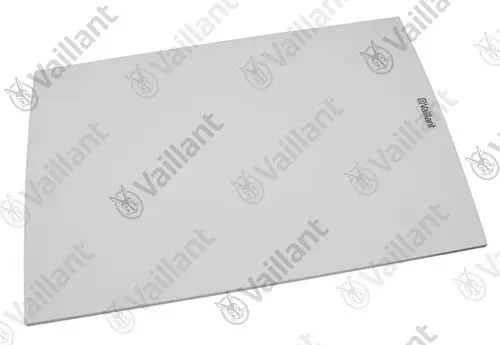Weißes Frontblech von Vaillant, flache rechteckige Form mit einem dezenten Logo in der oberen Ecke, ohne erkennbare Maße oder spezifische Produktdetails.